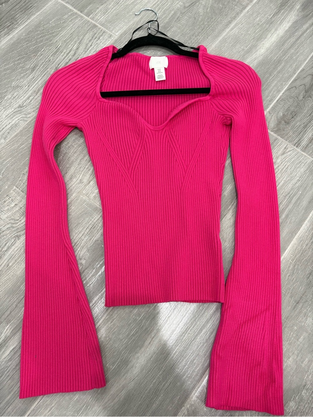 H&M Hot Pink Ribbed Long-Sleeve Sweetheart Top
